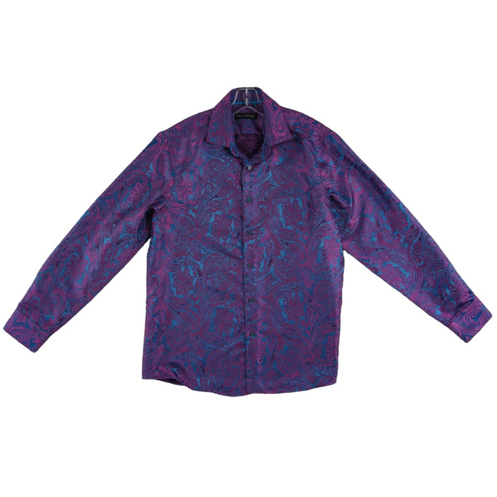 Barry Wang Shirt Men's Size Large Magenta Teal Paisley Silk Blend iridescent